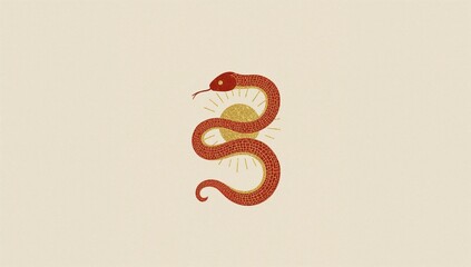 Red snake mosaic with golden sun and minimalist beige background, modern serpent symbol, boho mystic art, abstract reptile design
