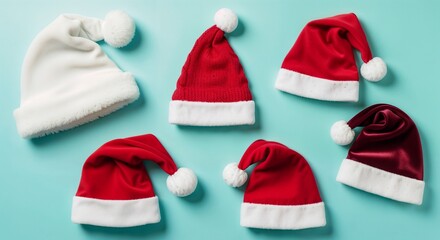 Red and white santa claus hats on blue surface
