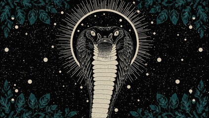 Mystical cobra with radiant halo surrounded by cosmic stars and leaves on black night sky background