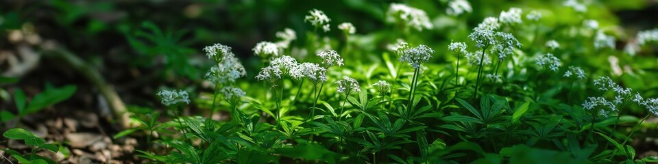 Fototapeta premium Delicate woodruff plants growing in cool forest shade with clusters of tiny white flowers. botanical, nature magazines, forest ecology, wellness, environmental, spring-themed designs.
