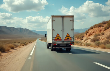 Truck carries dangerous radioactive materials along desert highway. Radiation warning symbols on van show potential hazard during transportation. Concept shows caution regarding nuclear waste
