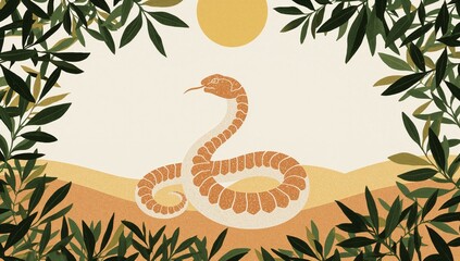 Desert snake surrounded by green leaves under sun minimalist nature design