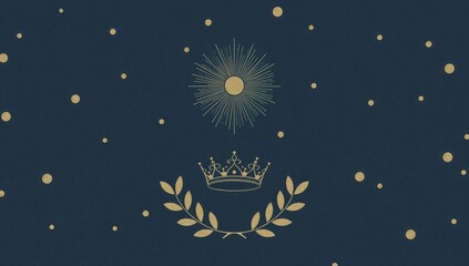 Elegant gold sunburst, crown, and laurel motif on dark blue background with sparkling dots  royal luxury and celestial minimalism