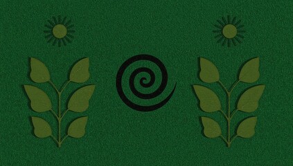 Minimalist green botanical background with spiral symbol, leaf branches, and sun motifs on textured canvas
