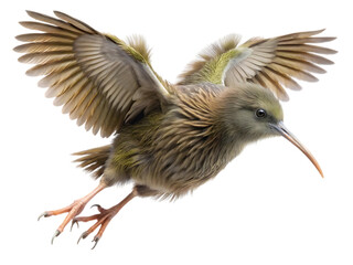 Fototapeta premium A brown kiwi bird with its wings spread wide, captured in midflight against a clean transparent background, showcasing its unique plumage and long beak, isolated on transparent background