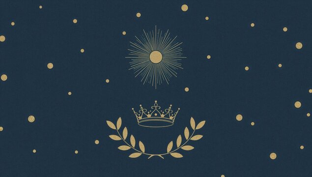 Elegant gold sunburst, crown, and laurel motif on dark blue background with sparkling dots  royal luxury and celestial minimalism