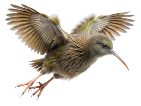 A brown kiwi bird with its wings spread wide, captured in midflight against a clean transparent background, showcasing its unique plumage and long beak, isolated on transparent background