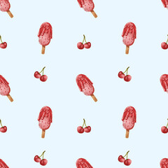 Summer Ice Cream Background. Seamless watercolor pattern with fruit ice cream. Design for menu and textile, wrapping, scrapbooking and stationery