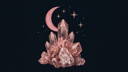 Rose quartz crystal cluster with crescent moon and stars on black background, mystical boho celestial art
