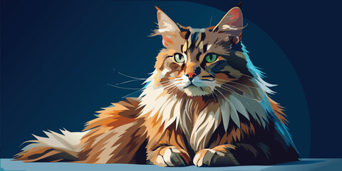 A majestic maine coon cat with striking fur is lying down against a dark background