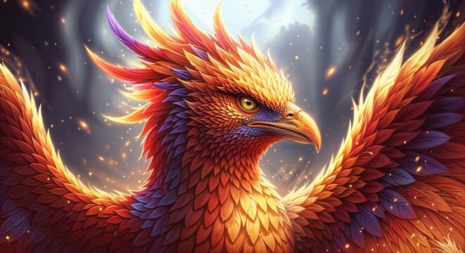 Majestic phoenix bird with fiery orange red and purple feathers glowing - Powered by Adobe