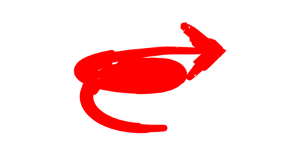 A hand-drawn red arrow with a curved, looping tail pointing to the right on a white background.