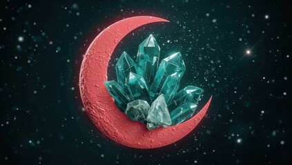 Mystical red crescent moon with shimmering blue crystals in cosmic night sky surrounded by stars and sparkling dust