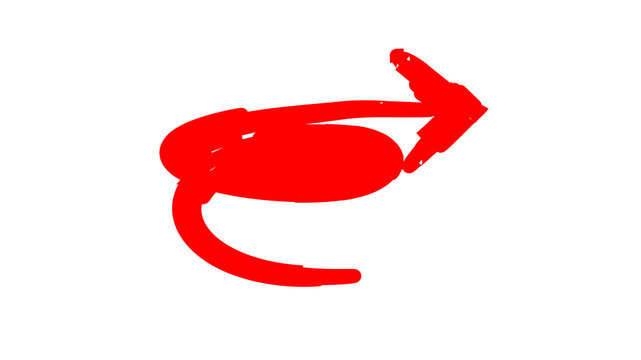 A hand-drawn red arrow with a curved, looping tail pointing to the right on a white background.