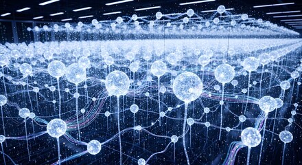 A futuristic network visualization with glowing nodes and connections in a dark room with a cinematic lighting effect.