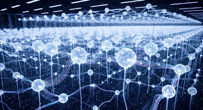 A futuristic network visualization with glowing nodes and connections in a dark room with a cinematic lighting effect.