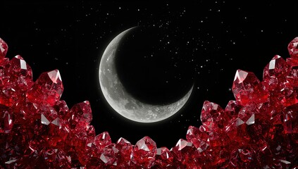 Crescent moon over red crystals in night sky with stars, mystical gemstone fantasy landscape, glittering darkness aesthetic