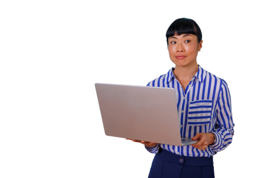 Female doctor using laptop for telehealth and digital health services, wearing lab coat and stethoscope, transparent background
