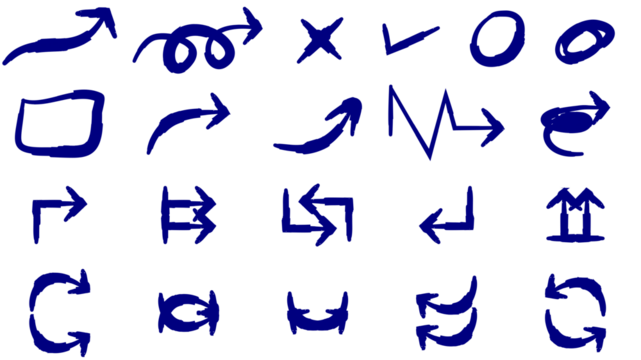 A diverse collection of hand-drawn blue arrows and symbols, including checkmarks, crosses, and geometric shapes, isolated on a white background.