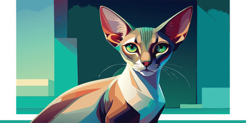 A captivating oriental short hair cat with striking green eyes gazes forward against a teal backdrop, perfect for postcard design