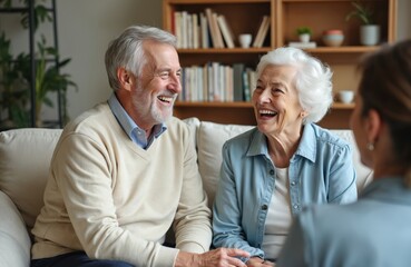 Elderly couple laughs on sofa with therapist in office. They discuss mental health and relationship advice. Senior people get support during counseling session.