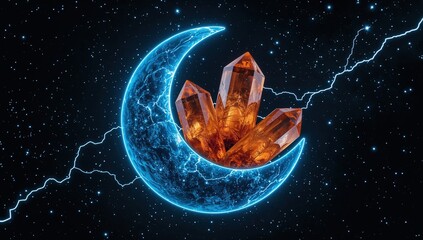 Glowing crescent moon and orange crystals in cosmic night sky with lightning and stars