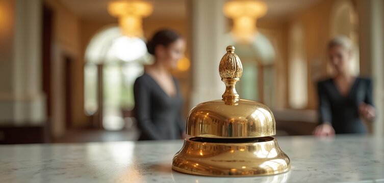 Golden service bell on marble counter at hotel reception desk. Hotel staff attend guests in elegant lobby. Luxury accommodation, premium client service and hospitality experience. - Powered by Adobe