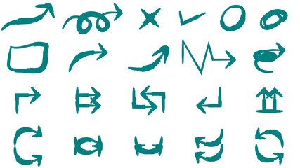 A collection of various hand-drawn teal doodle arrows, checkmarks, and other symbols on a white background.