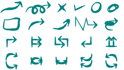 A collection of various hand-drawn teal doodle arrows, checkmarks, and other symbols on a white background.