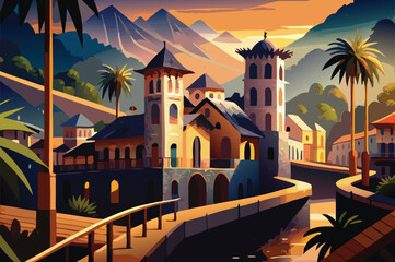 A picturesque tropical town nestled in mountains with palm trees under a sunset sky