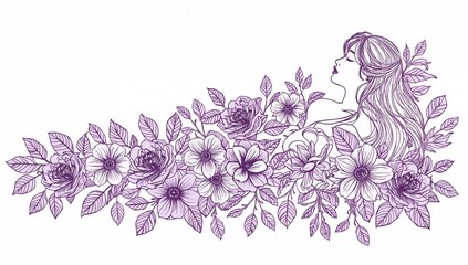Elegant woman with flowing hair surrounded by handdrawn flowers and leaves in purple line art on white background