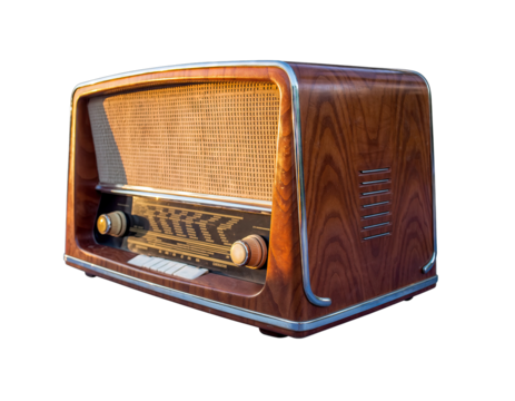 Vintage wooden radio with chrome accents glowing in warm sunlight against a transparent background