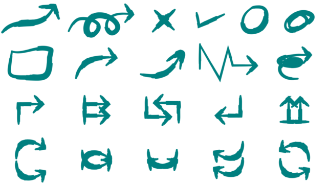 A collection of various hand-drawn teal doodle arrows, checkmarks, and other symbols on a white background.