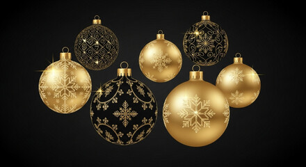 Elegant festive gold Christmas ornaments with intricate snowflake designs create a luxurious holiday atmosphere perfect for seasonal promotions and greetings