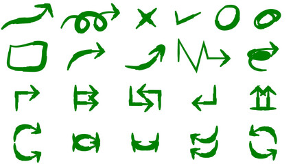 A collection of various hand-drawn green arrows and symbols isolated on a white background.