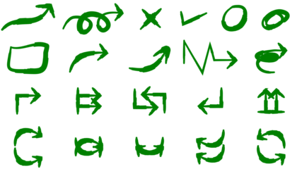 A collection of various hand-drawn green arrows and symbols isolated on a white background.