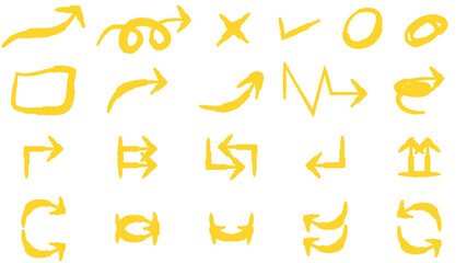 Collection of hand-drawn yellow arrows and doodle symbols on a white background.