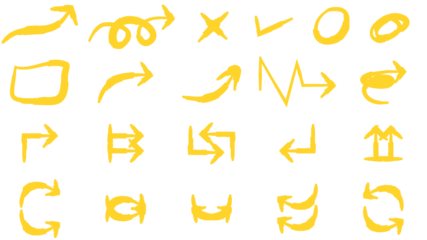 Collection of hand-drawn yellow arrows and doodle symbols on a white background.