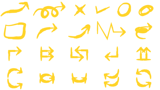 Collection of hand-drawn yellow arrows and doodle symbols on a white background.