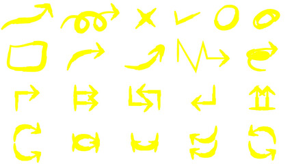 A collection of hand-drawn yellow highlighter arrows and symbols, including checkmarks and shapes, isolated on a white background.