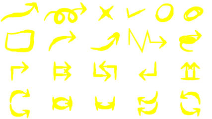 A collection of hand-drawn yellow highlighter arrows and symbols, including checkmarks and shapes, isolated on a white background.