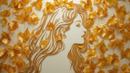 Elegant autumn woman silhouette surrounded by golden leaves on neutral background, modern paper art composition
