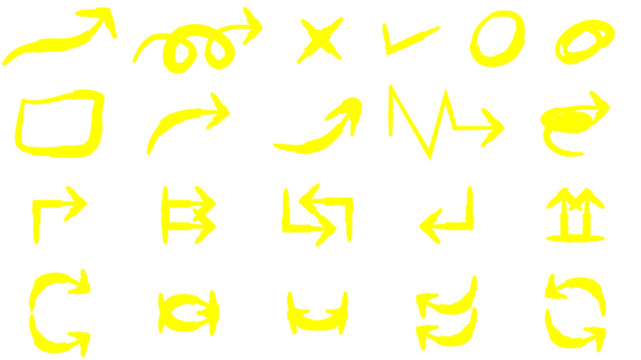 A collection of hand-drawn yellow highlighter arrows and symbols, including checkmarks and shapes, isolated on a white background.