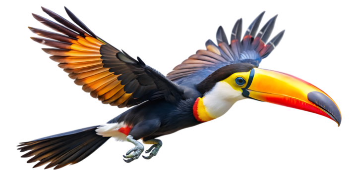 A vibrant toucan in flight, showcasing its iconic large, colorful beak and outstretched wings against a clean transparent background, isolated on transparent background