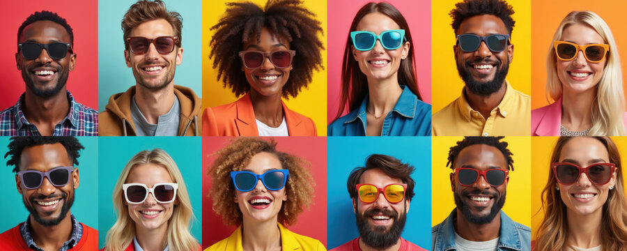 Collage presents happy diverse people wearing stylish sunglasses. Men, women pose at colorful backgrounds. Models wear modern eyewear. Portraits of smiling people. Summer trendy fashion accessories