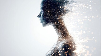 Digital woman body transforming into data particles