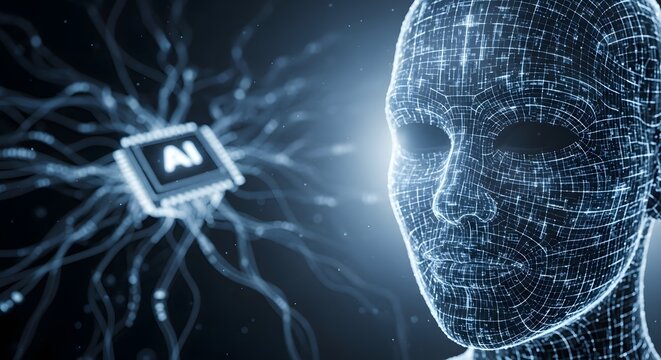 Wireframe human head with AI microchip and neural network connections in a dark background with blue glow