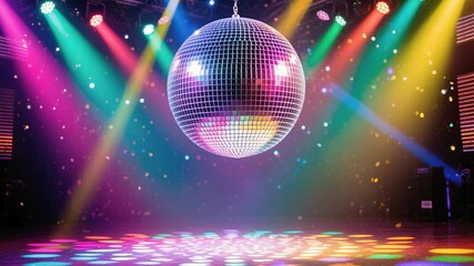 disco ball under multicolored stage lights, rotating mirror sphere casting shimmering reflections across empty dance floor,