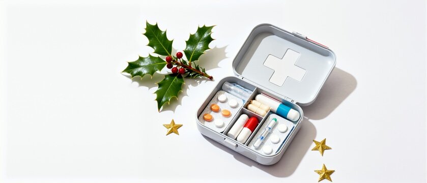 First aid kit with medicine for holiday health and wellness. Christmas healthcare concept with holly and stars on a white background. Flat lay with copy space
