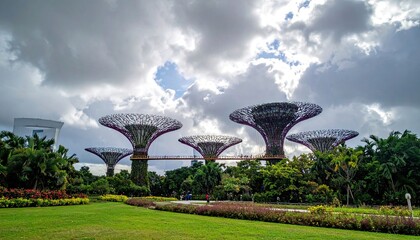 Futuristic Garden with Supertrees Under Cloudy Sky in Singapore Green Grass Landscaped Park with Vibrant Foliage and Modern Architecture Against Cloudy Sky Scenery